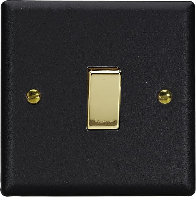 Varilight Single Rocker Light Switch 2-Way - Vogue Matt Black with Polished Brass Rocker, XY1V.MB