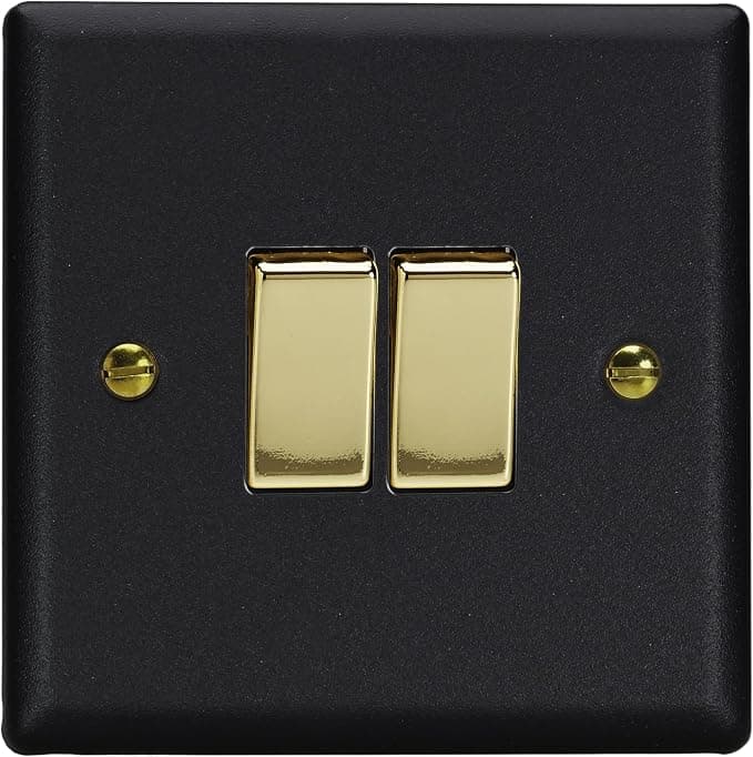 Varilight Double Rocker Light Switch 2-Way - Vogue Matt Black With Polished Brass Rockers, XY2V.MB